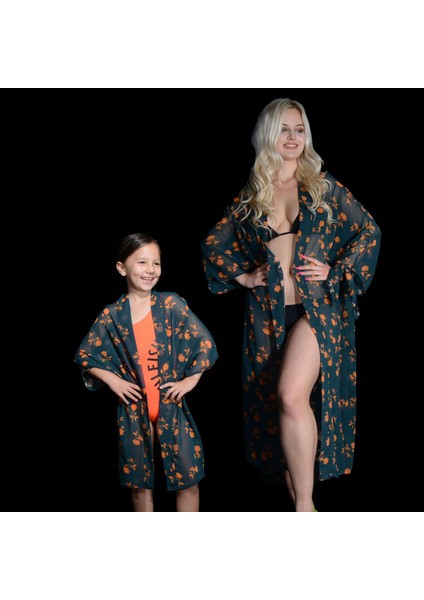 Paredora Yeşil Turuncu Çiçek Desenli Anne Kız Kimono Pareo