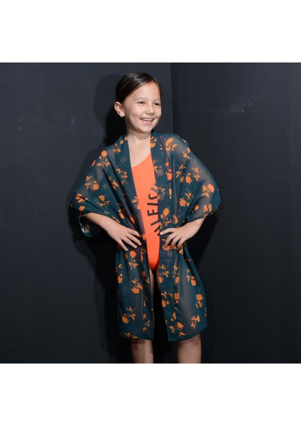 Paredora Yeşil Turuncu Çiçek Desenli Anne Kız Kimono Pareo modelleri