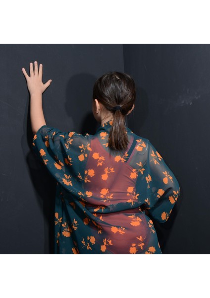 Paredora Yeşil Turuncu Çiçek Desenli Anne Kız Kimono Pareo fırsatları