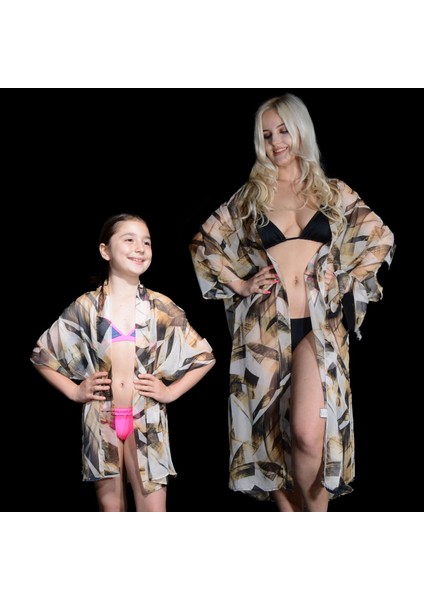 Paredora Gold Fırça Desenli Anne Kız Kimono Pareo