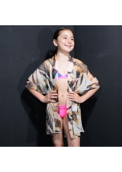 Paredora Gold Fırça Desenli Anne Kız Kimono Pareo