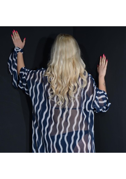 Paredora Indigo Dalga Desenli Kimono Pareo