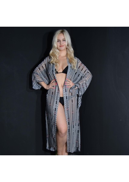 Paredora Zincir Desenli Lacivert Kimono Pareo
