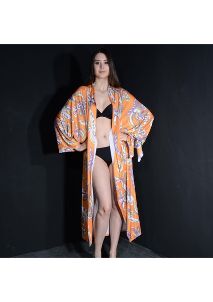 Tedz Collection Paredora Turuncu Kelebek Desenli Kimono Pareo