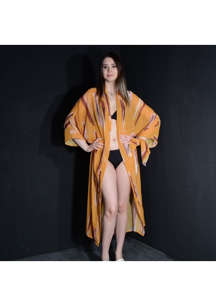 Paredora Safran Fırça Desenli Kimono Pareo