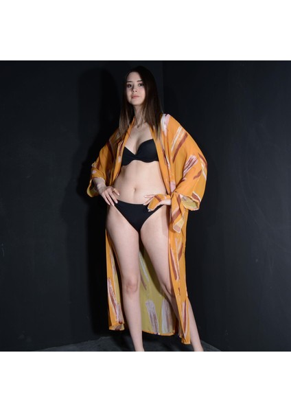 Paredora Safran Fırça Desenli Kimono Pareo