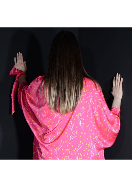 Tedz Collection Paredora Sarı Çiçek Desenli Pembe Kimono Pareo