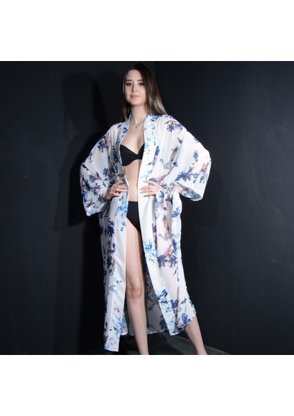 Tedz Collection Paredora Lacivert Çiçekli Beyaz Kimono Pareo