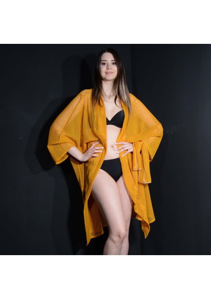 Paredora Hardal Sarı Fileli Kimono Pareo