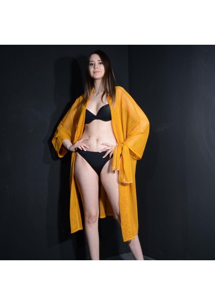 Paredora Hardal Sarı Fileli Kimono Pareo