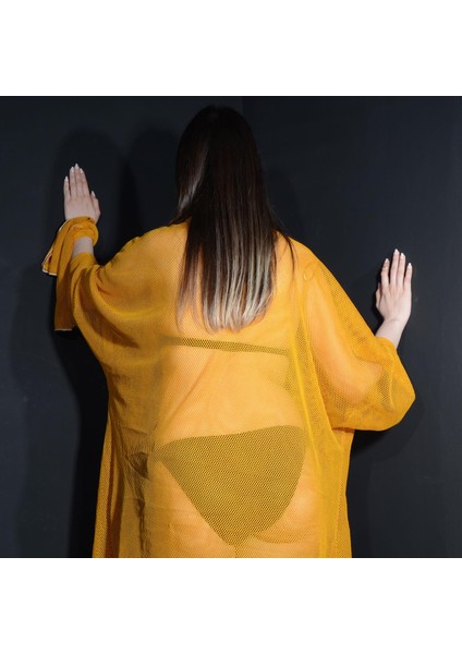 Paredora Hardal Sarı Fileli Kimono Pareo