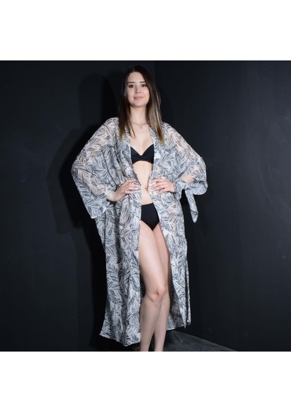 Paredora Simli Yaprak Desenli Beyaz Kimono Pareo