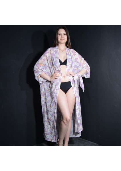Paredora Lila Çiçek Desenli Krem Kimono Pareo