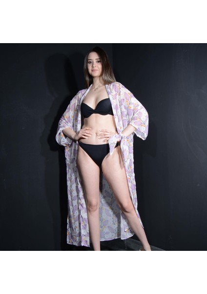 Paredora Lila Çiçek Desenli Krem Kimono Pareo