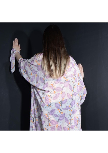 Paredora Lila Çiçek Desenli Krem Kimono Pareo