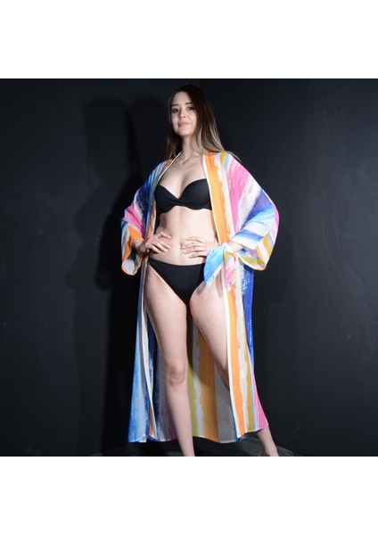 Paredora Gökkuşağı Fırça Desenli Kimono Pareo