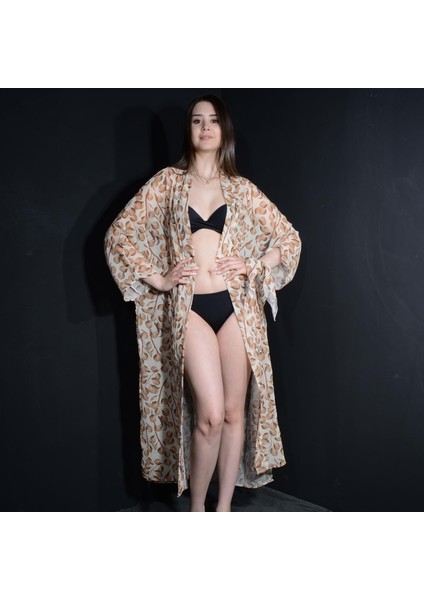 Paredora Sütlü Kahve Yaprak Desenli Kimono Pareo