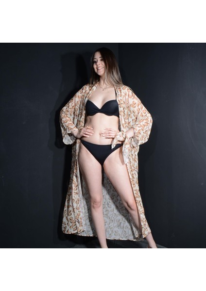 Paredora Sütlü Kahve Yaprak Desenli Kimono Pareo fiyatları