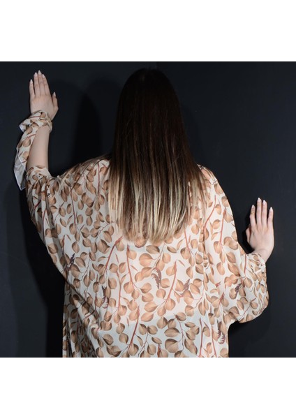 Paredora Sütlü Kahve Yaprak Desenli Kimono Pareo modelleri