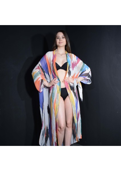 Tedz Collection Paredora Karışık Fırça Desenli Kimono Pareo