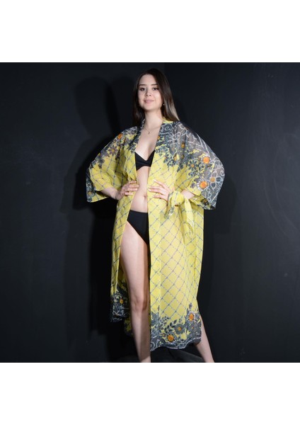 Paredora Sarı Siyah Dantel Desenli Kimono Pareo
