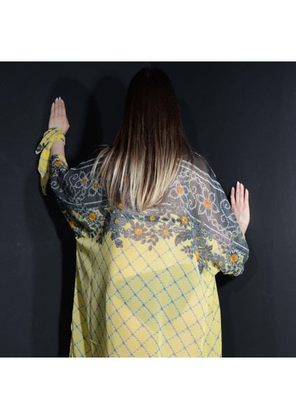 Paredora Sarı Siyah Dantel Desenli Kimono Pareo