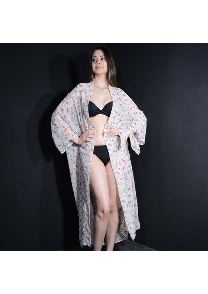 Paredora Mavi Kırmızı Gül Desenli Kimono Pareo