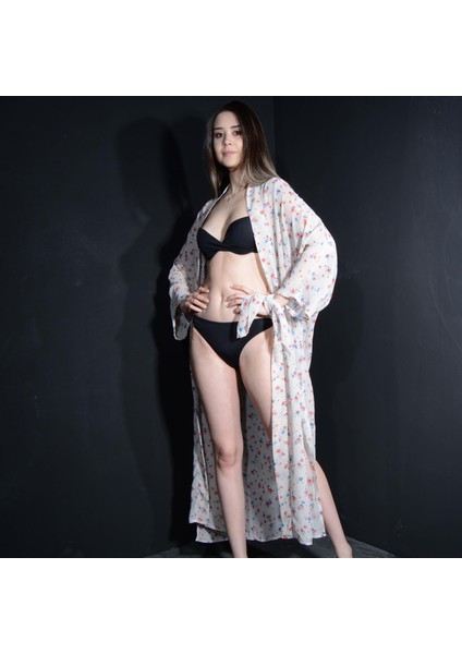 Paredora Mavi Kırmızı Gül Desenli Kimono Pareo