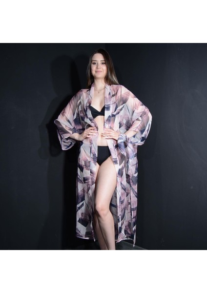 Paredora Eflatun Fırça Desenli Kimono Pareo