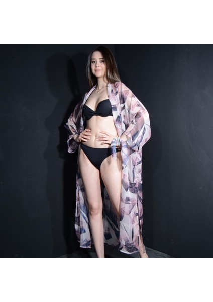 Paredora Eflatun Fırça Desenli Kimono Pareo