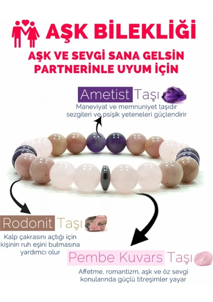 Aşk Bilekliği Pembe Kuvars Rodonit Ametist Doğal Taş Bileklik 18 cm Berlin