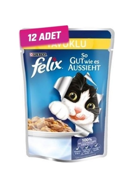 12 Adet - Felix Tavuklu Yetişkin Kedi Konservesi 100 gr