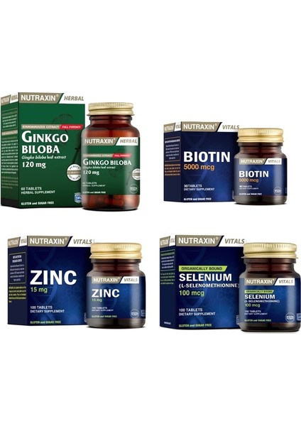 Ginkgo Biloba 60 Tablet+Selenyum 100 Tablet+ Biotin 30 Tablet+ Çinko 100 Tablet