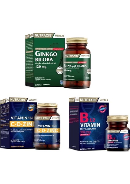 Ginkgo Biloba 60 Tablet + Vitamin Max (C,D,Zinc)60 Tablet+B12 Vitamini 60 Dilaltı