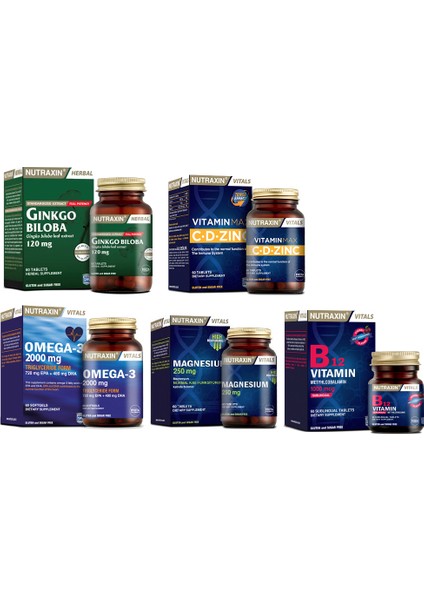 Ginkgo Biloba 60 Tablet+Omega 3 Balık Yağı 2000 Mg 60 Kapsül + Vitamin Max+ B12 Vitamini+Magnezyum
