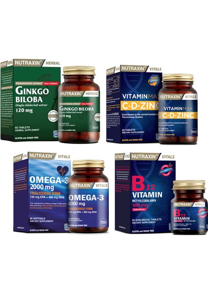 Ginkgo Biloba 60 Tablet+Omega 3 Balık Yağı 2000 Mg 60 Kapsül + Vitamin Max 60 Tablet+B12 Vitamini
