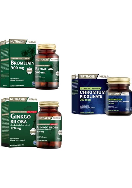 Ginkgo Biloba 60 Tablet+Bromelain 500 Mg 60 Kapsül + Chromium Picolinate (Krom) 90 Tablet