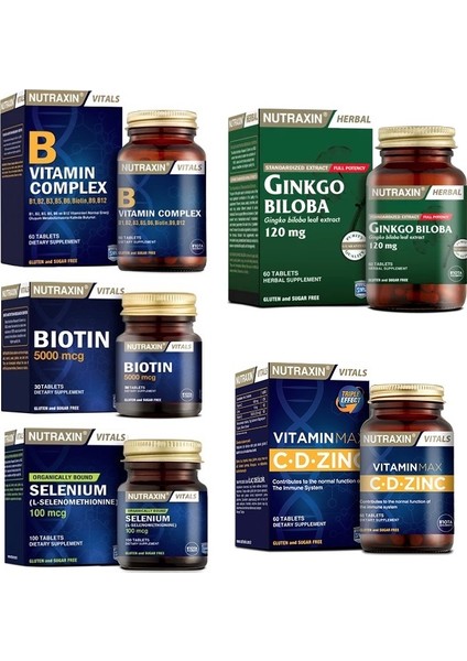 Ginkgo Biloba 60 Tablet+Selenyum+Biotin+Vitamin Max(C,D,Zinc)+B Vitamin Complex
