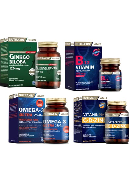 Ginkgo Biloba 60 Tablet+Omega 3 Ultra 2500 Mg 30 Kapsül+Vitamin Max 60 Tablet+B12 Vitamini