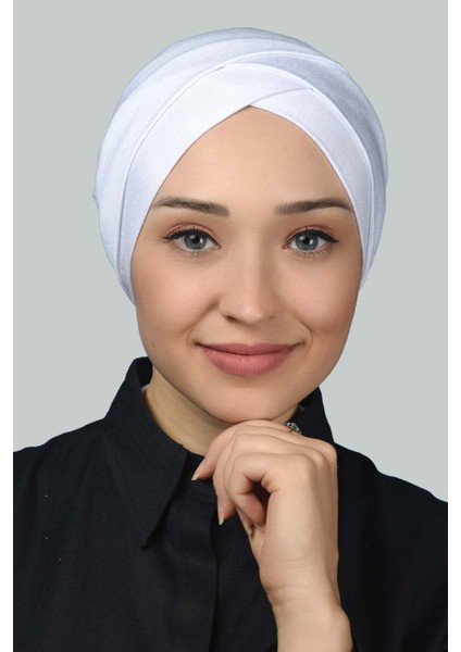 Dört Bantlı Çapraz Dış Tesettür Bonesi Hazır Türban Penye -Beyaz