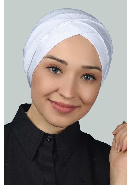 Dört Bantlı Çapraz Dış Tesettür Bonesi Hazır Türban Penye -Beyaz