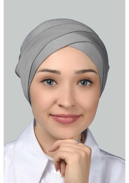 Dört Bantlı Çapraz Dış Tesettür Bonesi Hazır Türban Penye - Gri