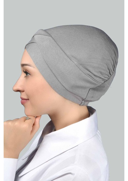 Dört Bantlı Çapraz Dış Tesettür Bonesi Hazır Türban Penye - Gri modelleri