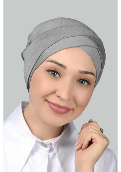 Dört Bantlı Çapraz Dış Tesettür Bonesi Hazır Türban Penye - Gri fırsatları