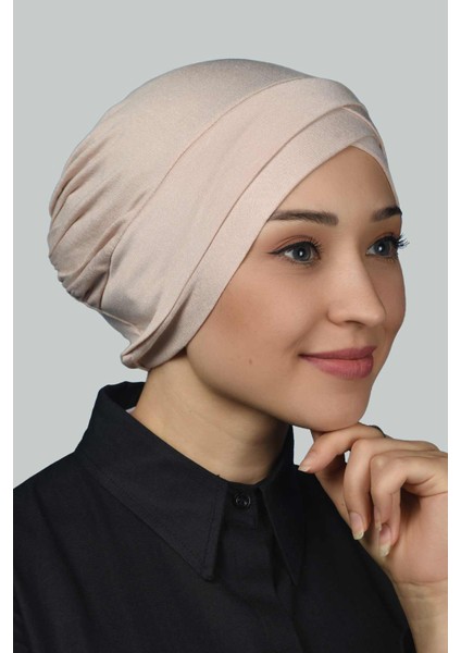 Dört Bantlı Çapraz Dış Tesettür Bonesi Hazır Türban Penye - Bej fiyatları