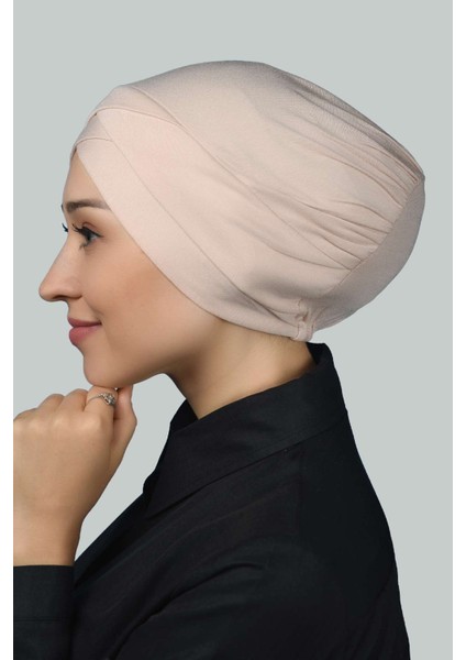 Dört Bantlı Çapraz Dış Tesettür Bonesi Hazır Türban Penye - Bej modelleri