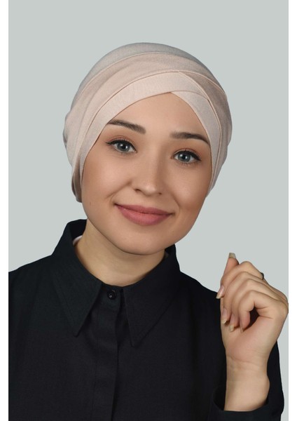 Dört Bantlı Çapraz Dış Tesettür Bonesi Hazır Türban Penye - Bej fırsatları