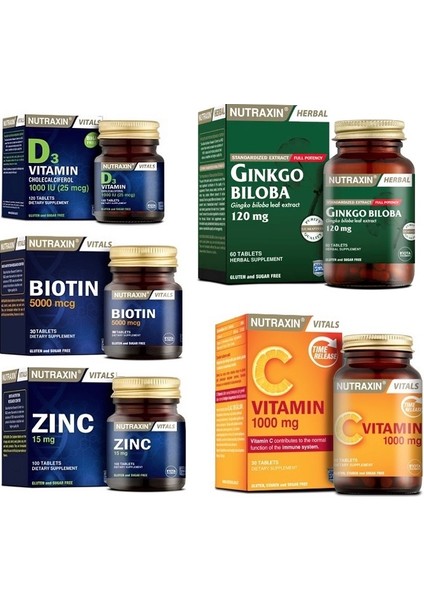 Ginkgo Biloba 60 Tablet + Biotin + C Vitamini +D3 Vitamini Ve Çinko Takviyesi