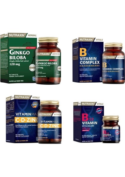 Ginkgo Biloba 60 Tablet +Vitamin Max(C,D,Zinc)+ B Vitamin Complex + B12 Vitamini