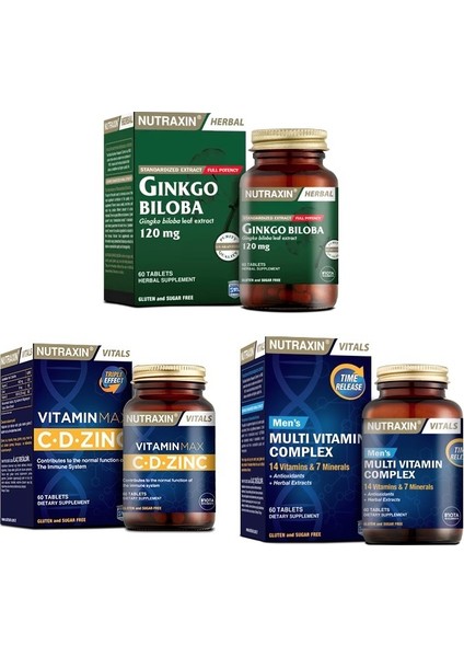 Ginkgo Biloba 60 Tablet + Vitamin Max (C,D,Zinc)60 Tablet +Men's Multivitamin 60 Tablet